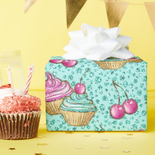 Papier Cadeau Cupcakes rose et bleu brillant Turquoise Anniversa (Fête d'anniversaire)