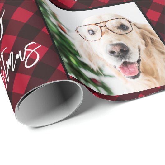 Papier Cadeau Custom 2 Photo Joyeux Noël Buffalo rouge Plaid (Coin rond)