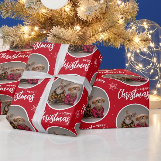 Papier Cadeau Custom Deep Red Merry Christmas One Circle Photo (Vacances)