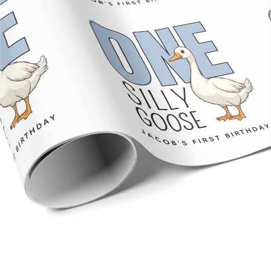 Papier Cadeau Custom Modern Blue One Silly Goose First Birthday (Coin rond)
