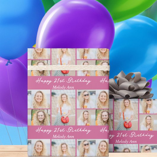 Papier Cadeau Custom Pink Happy Birthday Photo Collage