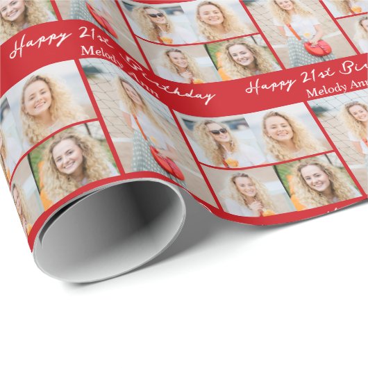 Papier Cadeau Custom Red Happy Birthday Photo Collage (Coin rond)