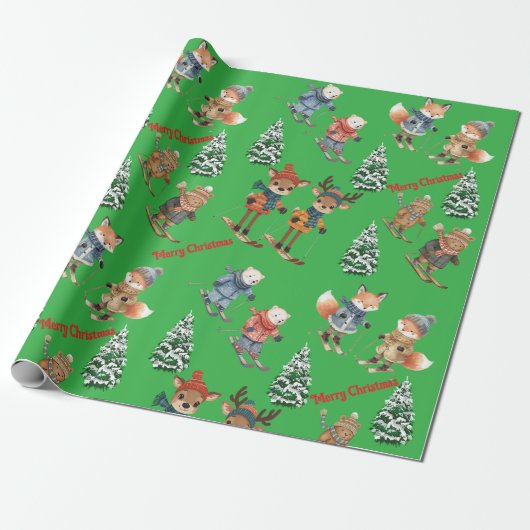 Papier Cadeau Cute Animals Skiing Wrapping Paper (Déroulé)