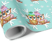 Papier Cadeau Cute Aquarelle Chouettes de Noël et Snowflakes Tur (Coin rond)