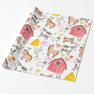 Papier Cadeau Cute Aquarelle Ferme rustique Barnyard Animaux Gra