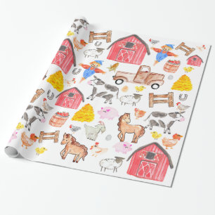 Papier Cadeau Cute Aquarelle Ferme rustique Barnyard Animaux Gra