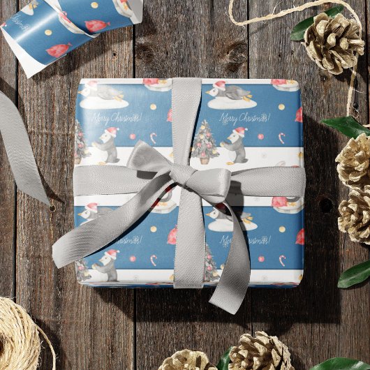 Papier Cadeau Cute Aquarelle Pingouins Bleu et Blanc Noël