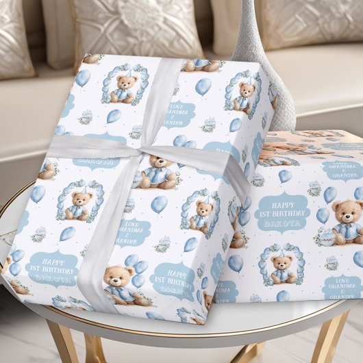 Papier Cadeau Cute Bear Blue Boy Anniversaire Nom Papier d'envel