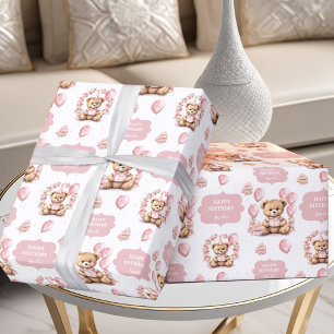 Papier Cadeau Cute Bear Rose 1er Anniversaire Nom Papier d'envel