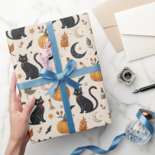 Papier Cadeau Cute Black Cat Halloween, Pumpkin & Moon Gift Wrap