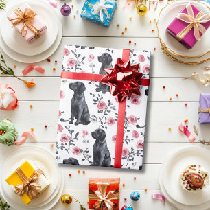 Papier Cadeau Cute Black Labrador Retriever Chien Rose Floral