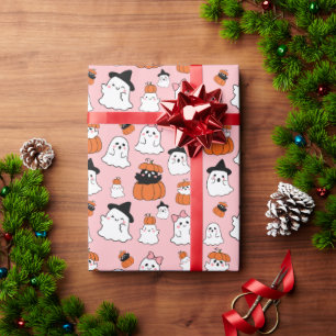 Papier Cadeau Cute blanc Fantômes Motif rose Halloween