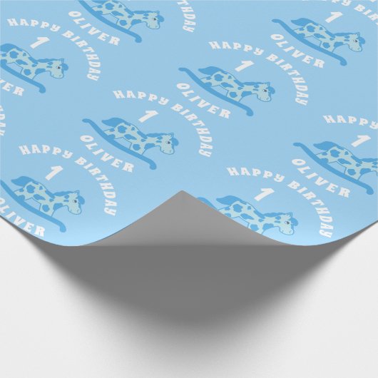 Papier Cadeau Cute Blue Rocking Horse Boy 1er Anniversaire (Coin)