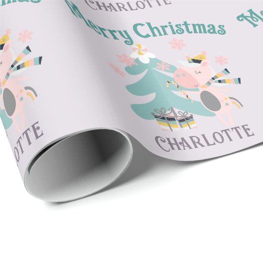 Papier Cadeau Cute Boho Christmas Unicorne sur Lavender Purple (Coin rond)