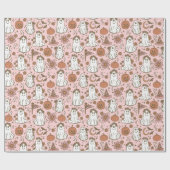 Papier Cadeau Cute Boho Halloween Fantômes Citrouille rose Flora (Plat)