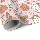 Papier Cadeau Cute Boho Halloween Fantômes Citrouille rose Flora (Coin rond)