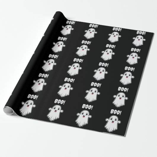Papier Cadeau Cute Boo Ghost Halloween Motif noir et blanc (Déroulé)