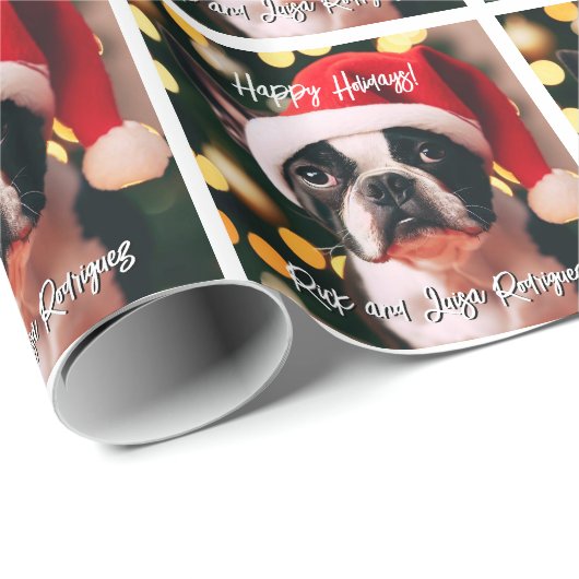 Papier Cadeau Cute Boston Terrier Chiot avec Santa Hat (Coin rond)