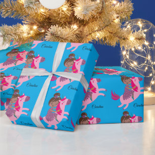 Papier Cadeau Cute Brunette Haired Girl équitation sur une licor