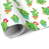 Papier Cadeau Cute Cactus, Green Cactus, Motif Cactus (Coin rond)