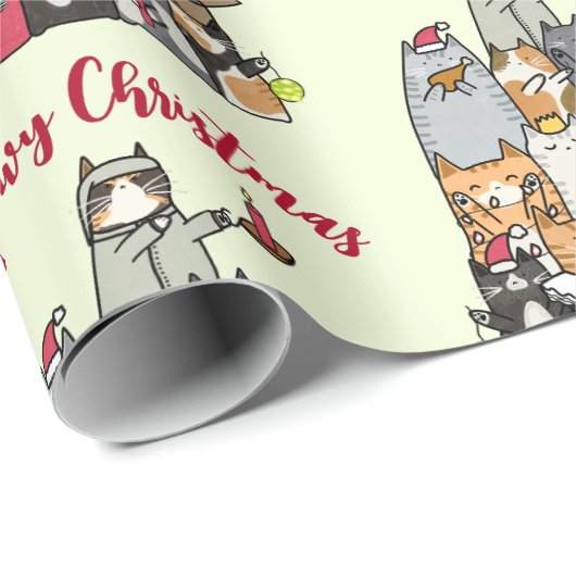 Papier Cadeau Cute Cartoon Chats Meow Noël (Coin rond)