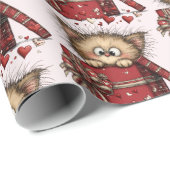 Papier Cadeau Cute Cartoon Kitten in a Box with Hearts Pattern (Coin rond)