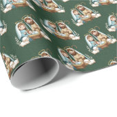 Papier Cadeau Cute Cartoon Nativity Scene | Green Damask Pattern (Coin rond)