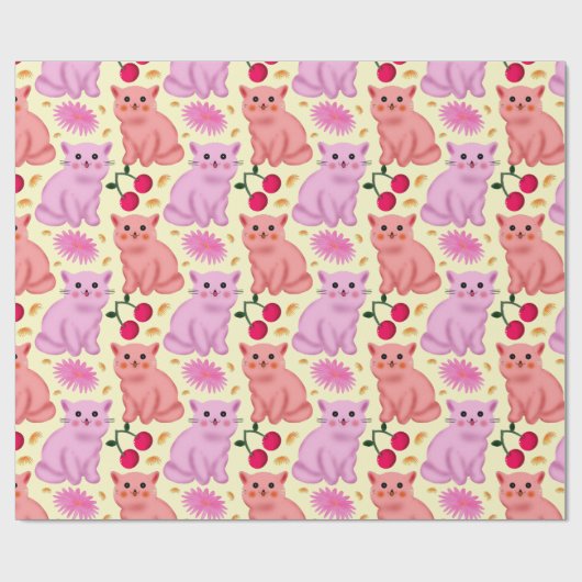 Papier Cadeau Cute Cat Cherry Floral Pattern | Kawaii Kitty  (Plat)