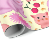 Papier Cadeau Cute Cat Cherry Floral Pattern | Kawaii Kitty  (Coin rond)