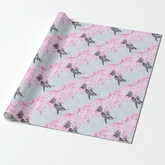 Papier Cadeau Cute Cat rose plume (Déroulé)