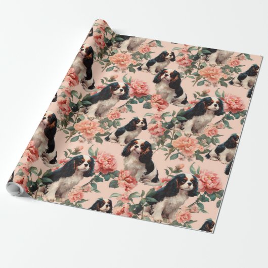 Papier Cadeau Cute Cavalier King Charles Floral Pattern (Déroulé)