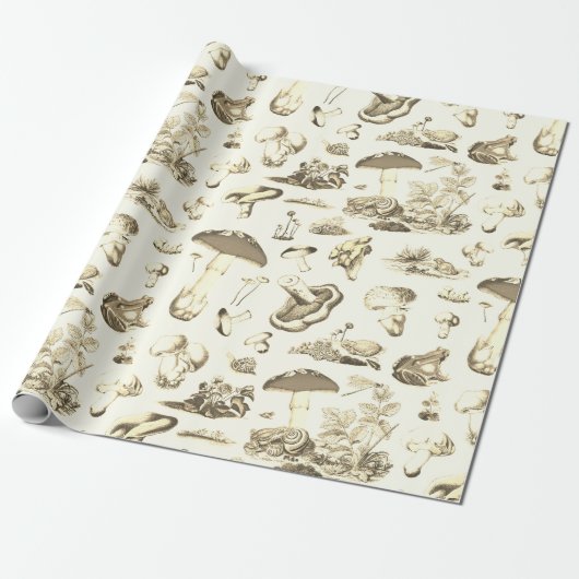 Papier Cadeau Cute champignons Frog Snail Forest Beige Motif (Déroulé)