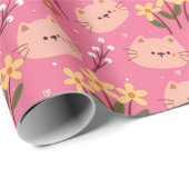 Papier Cadeau Cute Chat et Fleurs (Coin rond)