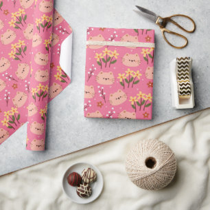 Papier Cadeau Cute Chat et Fleurs