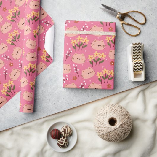 Papier Cadeau Cute Chat et Fleurs (Artisanat)