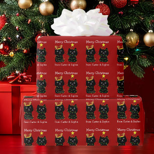 Papier Cadeau Cute Chat Joyeux Feux de Noël Personnalisé Rouge