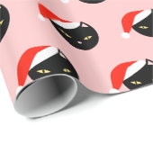 Papier Cadeau Cute Chat noir Père Noël Rouge Motif rose Noël (Coin rond)