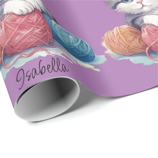 Papier Cadeau Cute chaton aquarelle avec fils nom personnalisé (Coin rond)