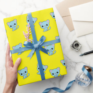 Papier Cadeau Cute chaton bleu bondissant sur jaune