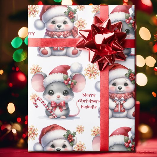 Papier Cadeau Cute Christmas Mouse Bear Personalize Name Kids