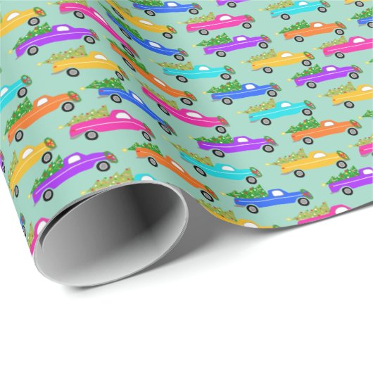 Papier Cadeau Cute Christmas Pickup Trucks Trees Retro Xmas Gift (Coin rond)