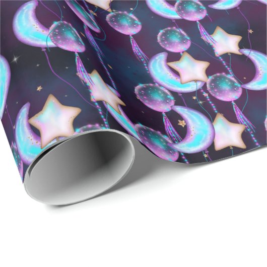 Papier Cadeau Cute Cosmic Lune & Étoiles Motif de ballon (Coin rond)
