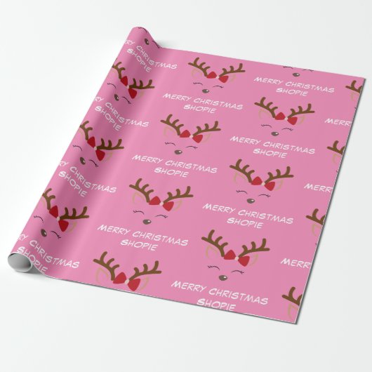 Papier Cadeau Cute Deer Rose Nom personnalisé Cadeau Noël (Déroulé)
