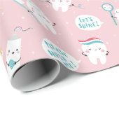 Papier Cadeau Cute Dental pattern Pink Brush your Teeth (Coin rond)
