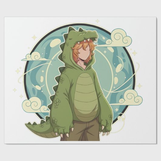 Papier Cadeau Cute Dino Friend Anime Boy - Green Dinosaur (Plat)