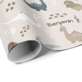 Papier Cadeau Cute Dinosaurs Footprints & Custom Name Beige (Coin rond)