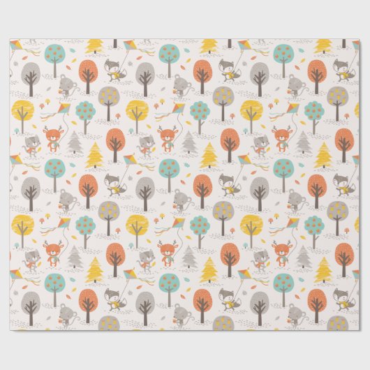 Papier Cadeau Cute Fall Forest animals with kites and trees (Plat)