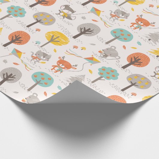 Papier Cadeau Cute Fall Forest animals with kites and trees (Coin)