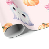 Papier Cadeau Cute Fille Fantôme Citrouille Aquarelle rose Hallo (Coin rond)
