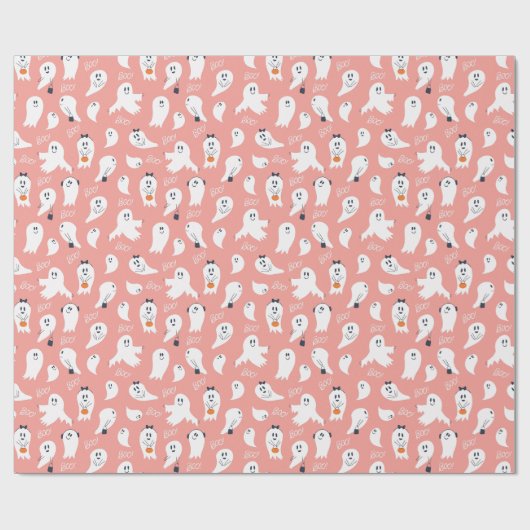 Papier Cadeau Cute ghosts Halloween Elegant Pink White (Plat)